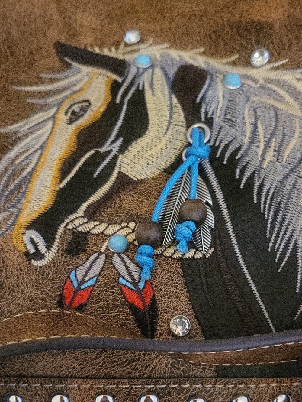 Fringed Brown Horse Embroidered Crossbody Bag with Turquoise Accents - Picture 9 of 15